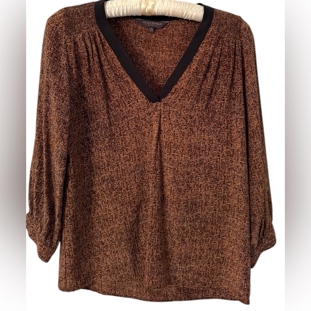 Waverly Grey Shirt  Blouse Top 100% Silk Brown Black Trim V-Neck Blouse Small